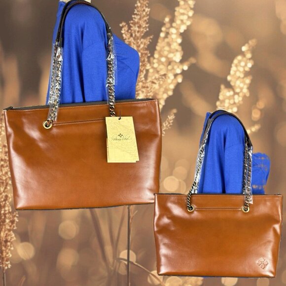 Patricia Nash Cognac Leather Zip Close Shoulder Strap Faux Suede Lining Tote Bag - Picture 1 of 8